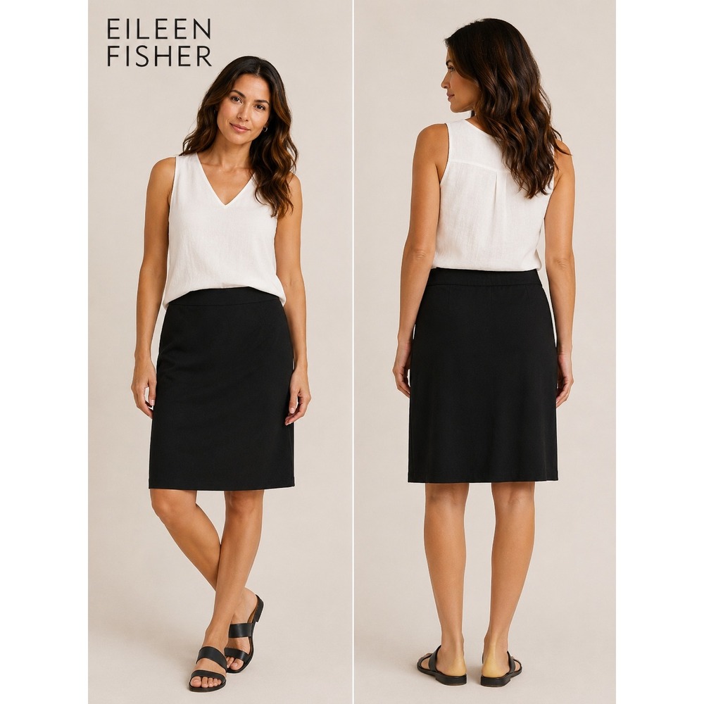 Eileen Fisher Black Stretch Viscose Pencil Skirt Pull On Knee Length Size Medium